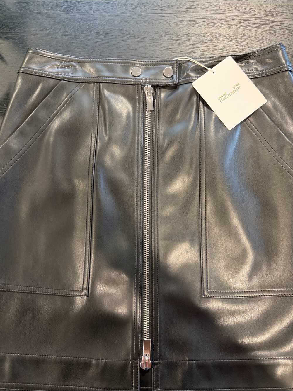 NWT - Diane Von Furstenberg Black Vegan Leather Mini Skirt with Front Zip